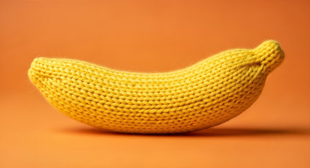 Cozy knitted banana in bright yellow hue, displayed on a warm orange background, highlighting soft textures and handmade artistry in a minimalist lifestyle settingの素材