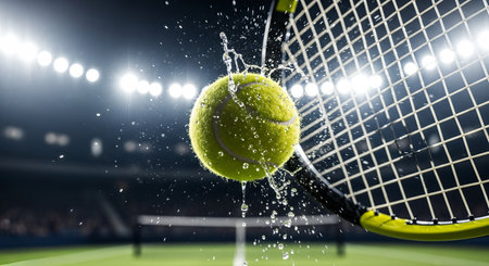 A vibrant tennis ball makes contact with a racket, sending droplets of water flying, highlighting the intensity and thrill of competitive tennisの素材