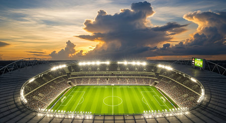 Aerial perspective of a bustling stadium with cheering crowd, bright floodlights illuminating the lush green field, creating an energetic sports event ambianceの素材