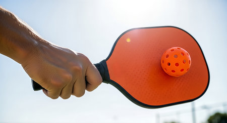 A hand grips a vibrant orange paddle poised to hit a perforated ball, set against a sunny backdrop, capturing the thrill of outdoor pickleball actionの素材