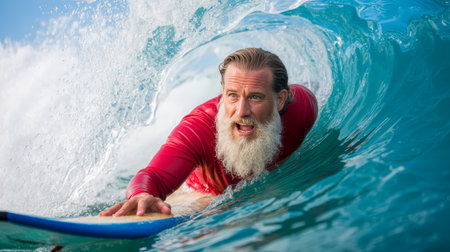 Santa Claus, Christmas, New Year. Santa Claus rides the waves in the ocean, capturing the essence of Christmas joy and adventure with a lively, colorful sceneの素材