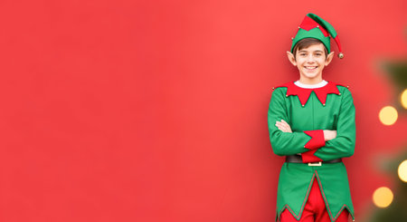Elf, CHRISTMAS. Boy in elf costume with green and red colors stands against bright red backdrop, radiating holiday cheer and excitement for Christmas festivitiesの素材