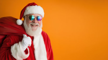 Santa Claus, Christmas, New Year. Cheerful man dressed in red holiday attire, joyfully holding a large sack, embodying the festive spirit of Christmas and New Yearの素材