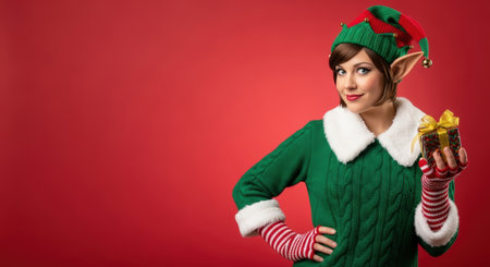 Elf, CHRISTMAS. Festive elf character, wearing a green sweater and red hat, holds a wrapped gift, set against a bright red background, capturing the essence of holiday cheerの素材