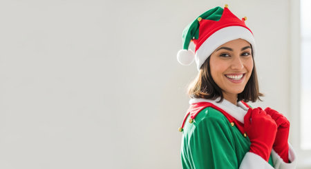 Elf, CHRISTMAS. Cheerful woman dressed as an elf, featuring red and green attire, exudes joy and holiday spirit, perfect for Christmas-themed designs with copy spaceの素材