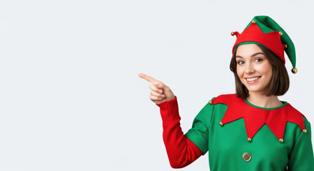 Elf, CHRISTMAS. Young woman in elf costume, smiling and pointing, showcases festive spirit of Christmas, with vibrant colors and ample copy space for design purposesの素材