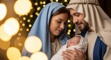 Joseph and Mary, Nativity. Couple gazes lovingly at their newborn wrapped in white cloth, illuminated by soft glowing lights, creating a warm festive atmosphereの素材