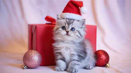 New Year. Fluffy kitten with blue eyes and a Santa hat sits next to a red gift box and sparkling ornaments, embodying the festive atmosphere of holiday celebrationsの素材