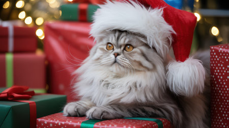 New Year. Fluffy cat in a Santa hat rests on vibrant Christmas gifts, with sparkling lights and festive decor creating a warm holiday atmosphereの素材