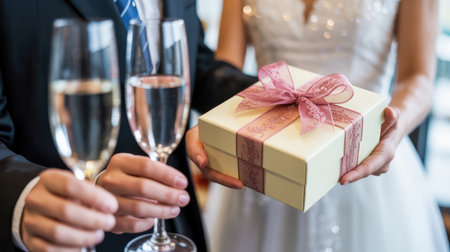 New Year. Couple in formal attire, toasting with champagne glasses while presenting a gift box, capturing the essence of celebration and togetherness during holiday festivitiesの素材