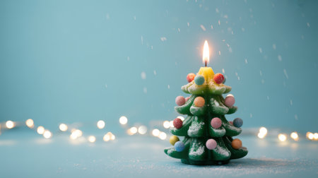 New Year. Green candle designed as a Christmas tree, decorated with vibrant ornaments, radiating warmth in a serene blue setting, enhancing the festive spirit and holiday cheerの素材