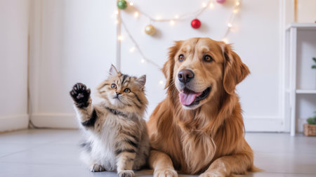 New Year. Golden retriever and fluffy cat are sitting side by side on a floor, with colorful decorations in the background, embodying holiday spirit and warmthの素材