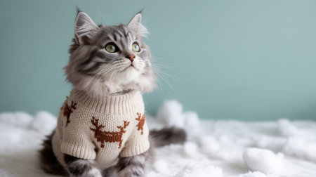 New Year. Gray cat in a reindeer sweater sits on fluffy snow, looking up with curiosity, capturing the joyful essence of holiday festivities and winter charmの素材