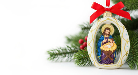 New Year. Christmas ornament showcases a nativity scene with Mary and baby Jesus, nestled among lush evergreen branches and vibrant red berries, evoking festive warmth and celebrationの素材