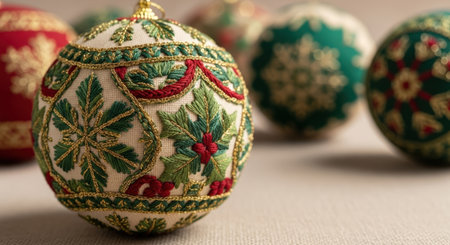 New Year. Detailed Christmas ornament featuring rich embroidery in vibrant colors, elegantly placed on a soft surface, evoking warmth and joy of the holiday seasonの素材