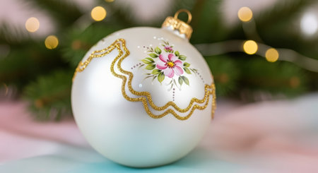 New Year. Beautiful Christmas ornament featuring intricate floral patterns and gold detailing, placed on a pastel surface, with greenery and soft bokeh lights creating a festive atmosphereの素材