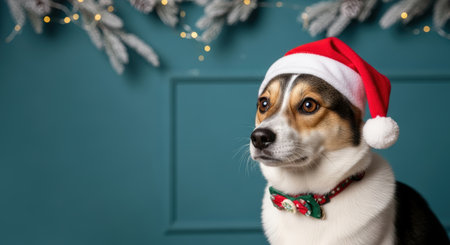 New Year. Charming dog in a red Christmas hat and collar, posed against a teal backdrop with holiday decorations and soft lights, embodying the festive spirit of the seasonの素材