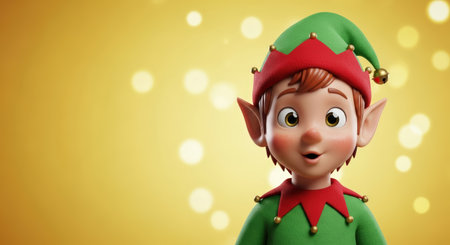 New Year. Cartoon elf character wearing a vibrant green and red outfit, set against a shimmering golden backdrop, radiating joy and holiday spiritの素材
