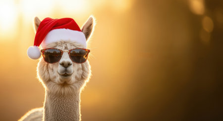 New Year. Festive alpaca dons a red Santa hat and sunglasses, standing against a glowing sunset backdrop, capturing the essence of holiday cheer and celebrationの素材