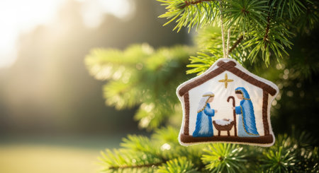New Year. Ornament features nativity scene, beautifully crafted, hanging from evergreen branch, surrounded by soft sunlight, enhancing the festive spirit of Christmas and New Year celebrationsの素材