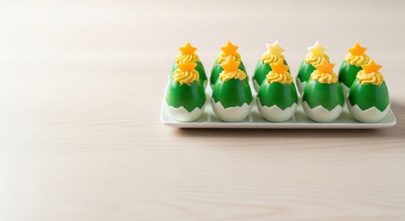 New Year. Colorful dessert cups resembling Christmas trees, featuring green and white layers with yellow star decorations, ideal for festive occasions and holiday partiesの素材