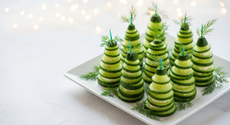New Year. Unique cucumber trees displayed on a white plate, decorated with dill, creating a festive atmosphere for Christmas and New Year celebrations with soft bokeh lightsの素材