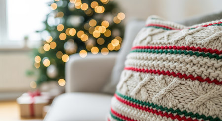New Year. Knitted pillow with red and green stripes rests on a soft couch, with a decorated Christmas tree glowing softly in the background, enhancing the festive ambianceの素材
