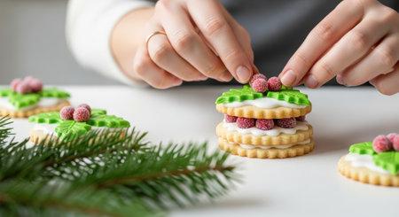 New Year. Female baker is carefully adding red berries to green icing on cookies, with pine branches nearby, enhancing the festive spirit of holiday bakingの素材