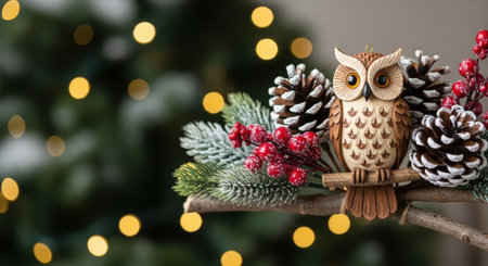 New Year. Wooden owl ornament sits on a branch adorned with pinecones and red berries, evoking a warm holiday spirit for Christmas and New Year festivities with copy spaceの素材