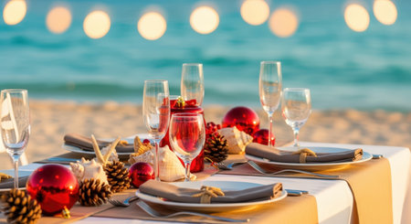 New Year. Beachside dinner table beautifully arranged with festive decorations, sparkling glasses, and red ornaments, evoking a warm holiday spirit and joyful ambianceの素材