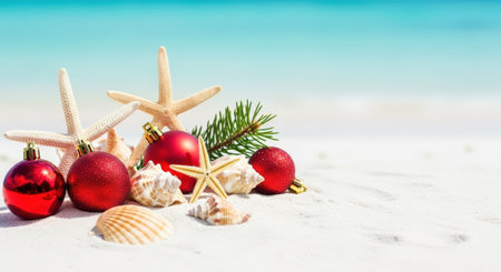 New Year. Christmas ornaments, seashells, and starfish are beautifully arranged on sandy beach, creating a unique holiday atmosphere with a stunning ocean view in the backgroundの素材
