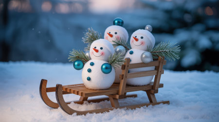 New Year. Three joyful snowmen adorned with blue decorations and greenery are placed on a wooden sled, nestled in soft snow, evoking a magical winter holiday atmosphereの素材