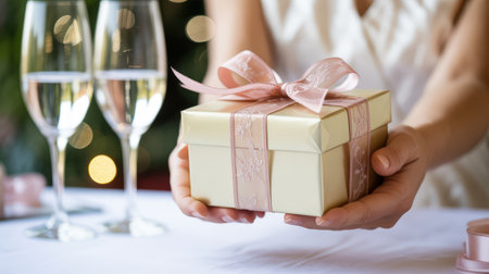 New Year. Woman holds a lovely gift box adorned with a pink ribbon, set against a backdrop of festive decorations and sparkling glasses, capturing holiday joy and celebrationの素材