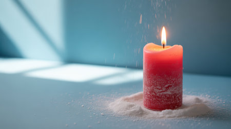 New Year. A vibrant red candle burns gently on a blue surface, surrounded by white powder, evoking a festive ambiance for Christmas and New Year celebrationsの素材