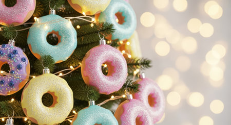 New Year. Vibrant donut-shaped ornaments are beautifully displayed on a Christmas tree, surrounded by sparkling lights, enhancing the joyful ambiance of the holiday seasonの素材