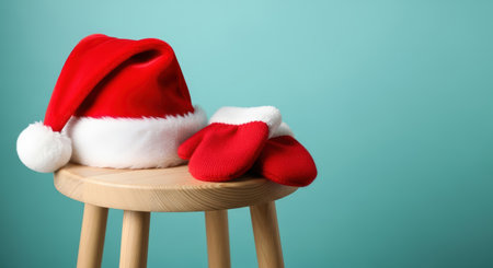 New Year. Christmas hat and mittens placed on a wooden stool, creating a cozy atmosphere with a turquoise backdrop, evoking holiday cheer and seasonal joyの素材