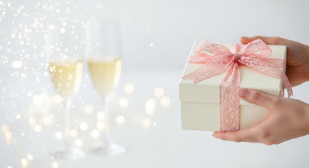 New Year. Hands present a lovely gift box adorned with a pink ribbon, surrounded by sparkling lights and festive atmosphere, perfect for holiday celebrations and joyful momentsの素材