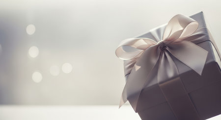 New Year. Beautifully wrapped gift box with satin ribbon, placed on a light surface, surrounded by soft bokeh lights, creating a festive atmosphere for holiday celebrationsの素材