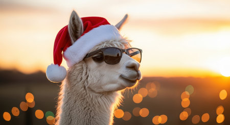 New Year. Playful llama adorned with a Santa hat and sunglasses, stands against a vibrant sunset with bokeh lights, creating a joyful holiday atmosphereの素材