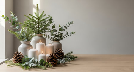 New Year. Beautiful display of white candles surrounded by pinecones and fresh greenery in ceramic vases on a wooden table, evoking a warm holiday atmosphereの素材