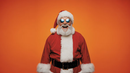 Santa Claus, Christmas, New Year. Joyful man in Santa costume with sunglasses stands against bright orange backdrop, radiating holiday cheer and festive vibesの素材