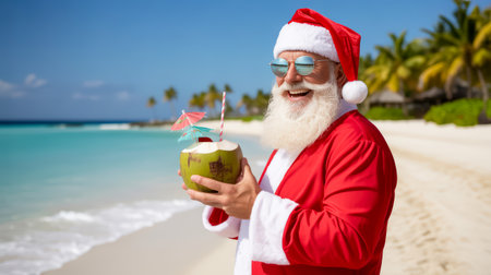 Santa Claus, Christmas, New Year. Santa Claus is on a beach, holding a coconut drink with decorations, surrounded by palm trees and ocean waves, celebrating holiday joyの素材