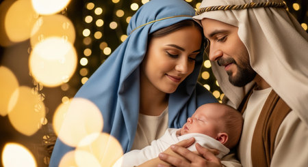 Joseph and Mary, Nativity. Couple in traditional clothing lovingly holds infant, illuminated by warm lights, creating a serene and joyful atmosphere for a festive occasionの素材