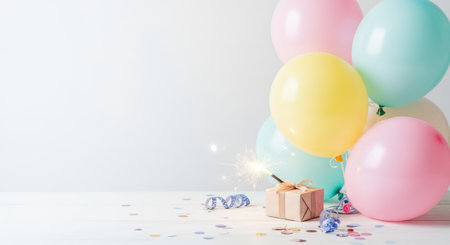 Birthday. Festive scene featuring pastel balloons and a gift box with a sparkler, evoking excitement and joy for a children's birthday party with vibrant colors and celebratory ambianceの素材