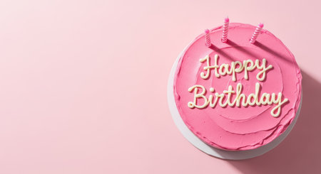 Birthday. A beautifully decorated pink birthday cake with candles and frosting, ideal for children's birthday parties, creating a festive and cheerful atmosphere for celebrationsの素材