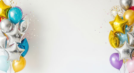Birthday. Festive balloons in bright colors and shapes, including stars and circles, surround a blank space, enhancing the joyful ambiance of a children's birthday partyの素材