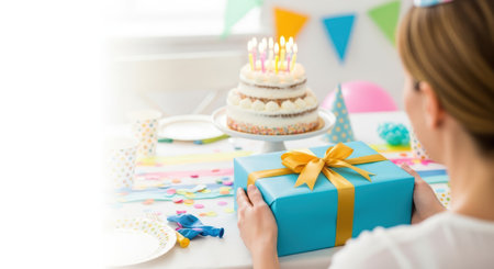 Birthday. Child joyfully presents a blue gift box with yellow ribbon at a vibrant birthday party table, adorned with cake, colorful decorations, and cheerful ambianceの素材
