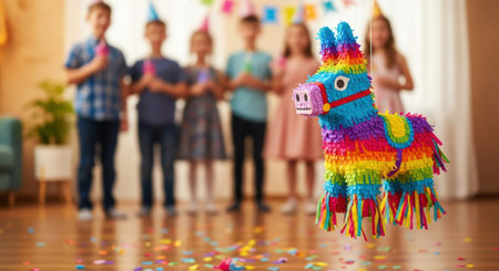 Birthday. Vibrant pinata is suspended in a cheerful room filled with children enjoying a birthday celebration, with colorful confetti on the wooden floor enhancing the festive moodの素材