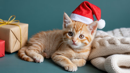New Year. Playful orange tabby kitten dons a cheerful Santa hat, resting on a soft knitted blanket next to beautifully wrapped gifts, capturing the essence of holiday joy and warmthの素材