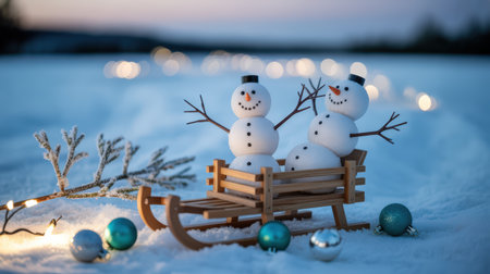 New Year. Two playful snowmen are seated on a wooden sled, surrounded by colorful ornaments and soft glowing lights, embodying the spirit of winter celebrationsの素材